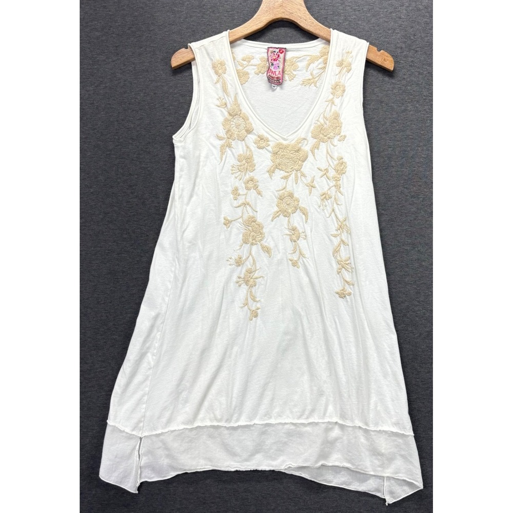 Johnny Was Tank Dress Womens M Embroidered Floral V-Neck White Layered Hem